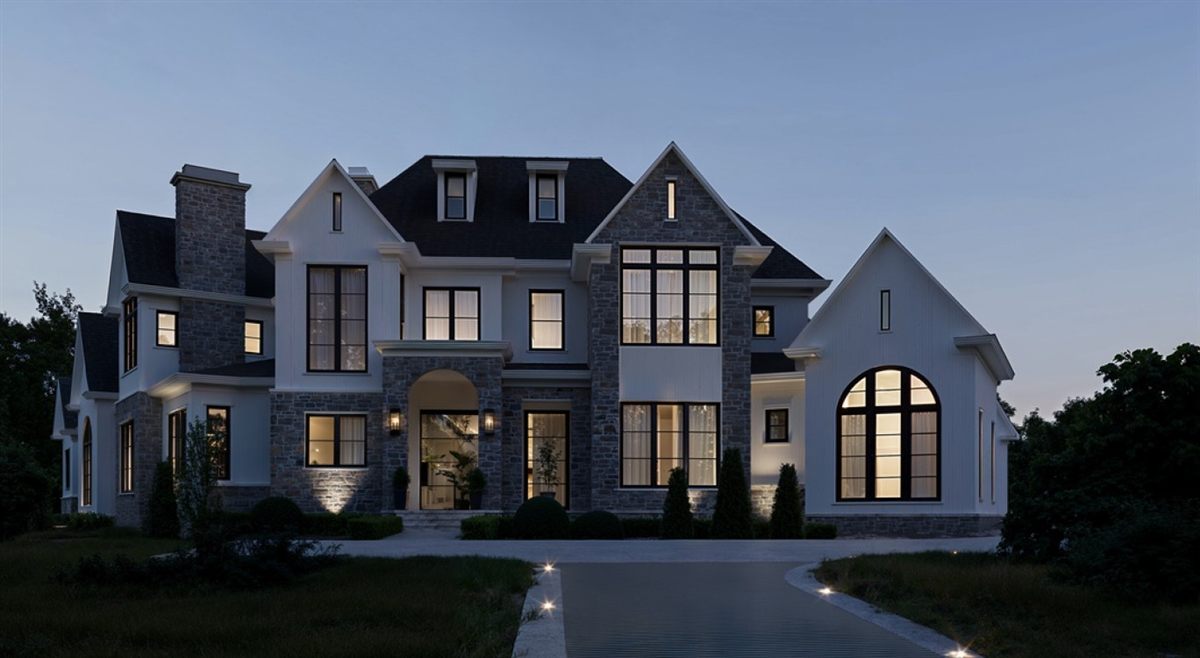 Front elevation lit at dusk